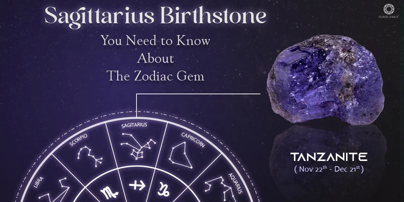 [Sagittarius Birthstone - Tanzanite: Key Information About the Zodiac Gem (Nov 22nd - Dec 21st), Featuring a Zodiac Wheel and a Blue-Violet Tanzanite Gemstone]-[ouros jewels]