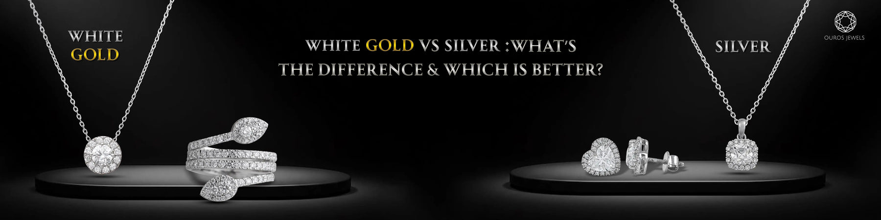 Comparison of white gold and silver jewelry, featuring necklaces, rings, and earrings.