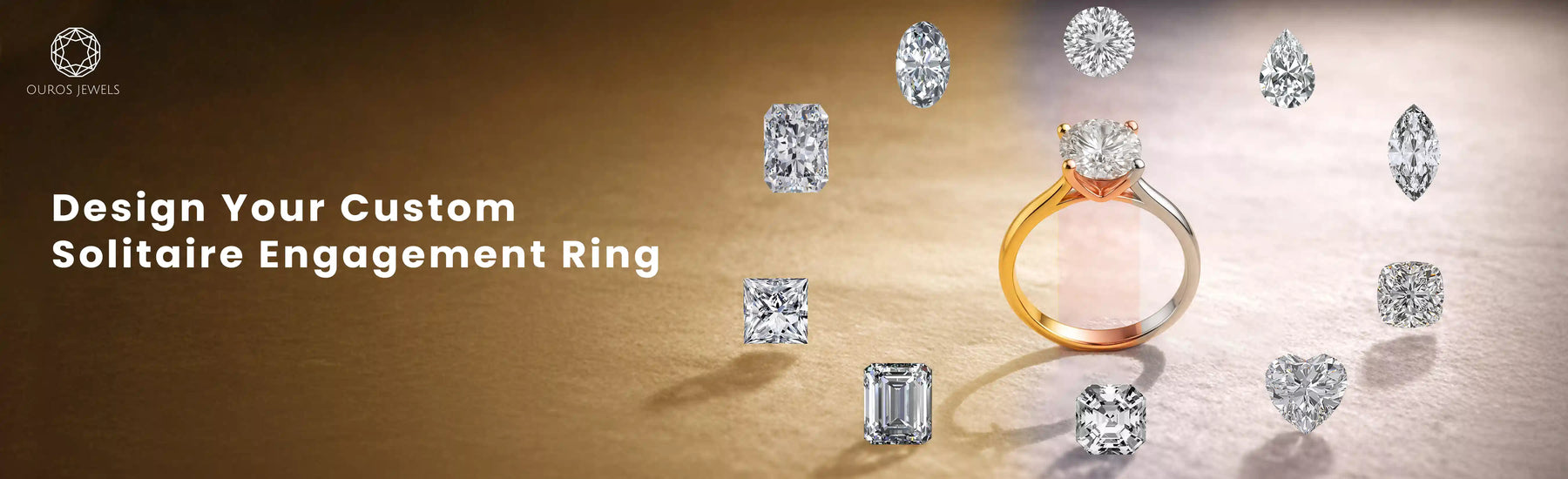 Design your own engagement ring online with Ouros Jewels, showcasing different lab grown diamond shapes in a custom solitaire ring design