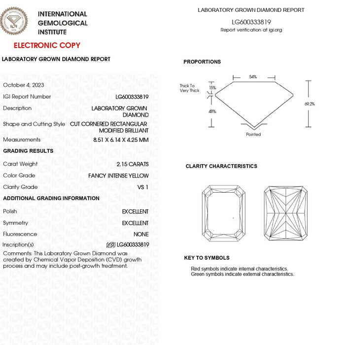 2.15 Carat Fancy Intense Yellow Radiant Cut Lab Diamond