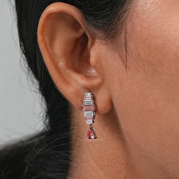 Pink Baguette Attentive Diamond Earrings