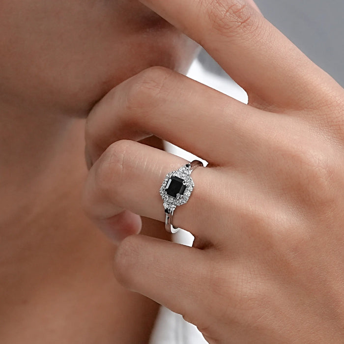 Asscher Cut Black Diamond Halo Ring