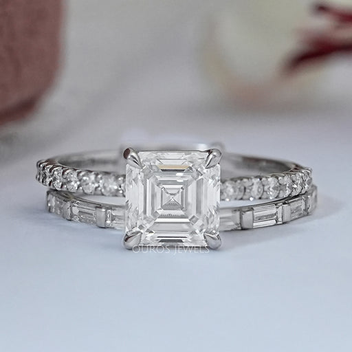 front view of asscher cut diamond solitaire bridal ring set with white gold band