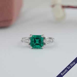 Asscher Cut Green Gemstone Three Stone Engagement Ring