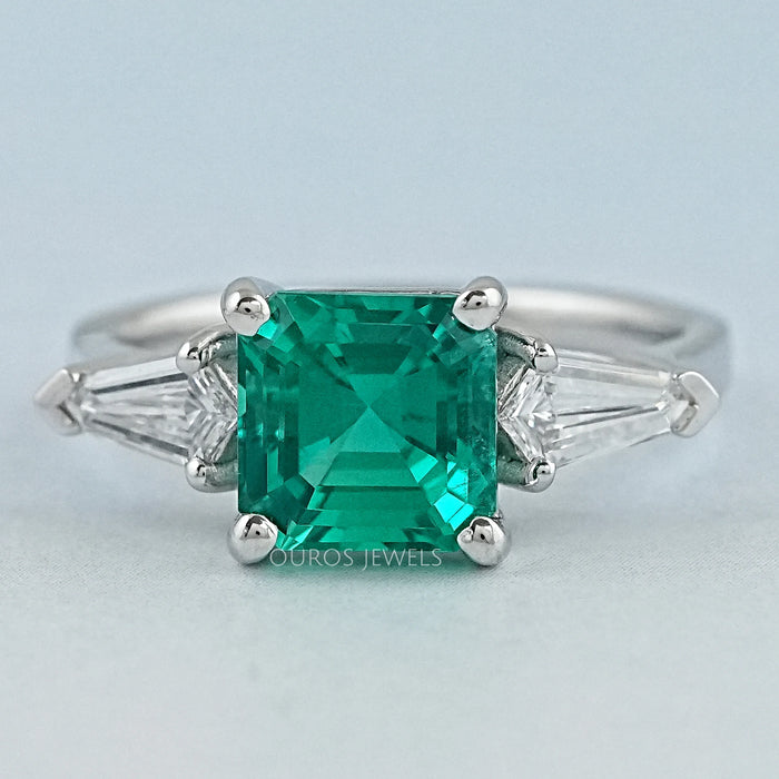 Asscher Cut Green Gemstone Three Stone Engagement Ring