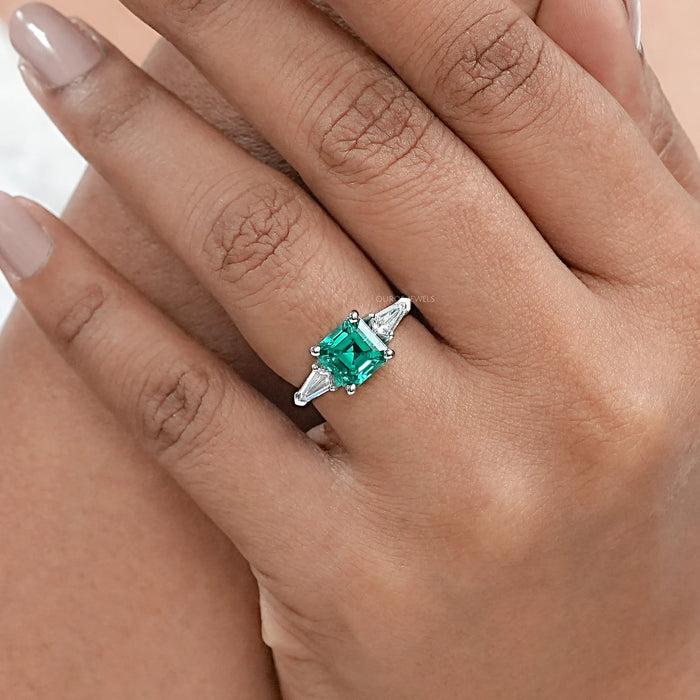 Asscher Cut Green Gemstone Three Stone Engagement Ring