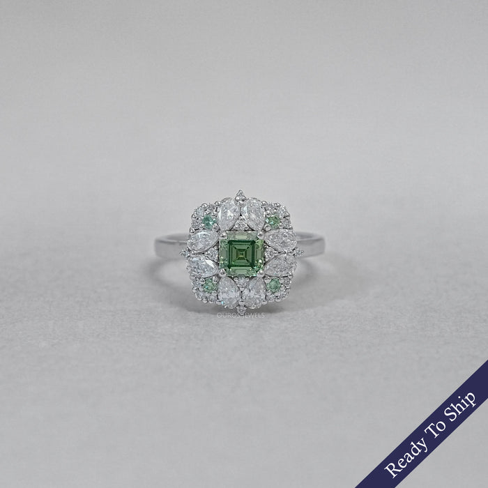 Green Asscher Lab Diamond Cluster Engagement Ring