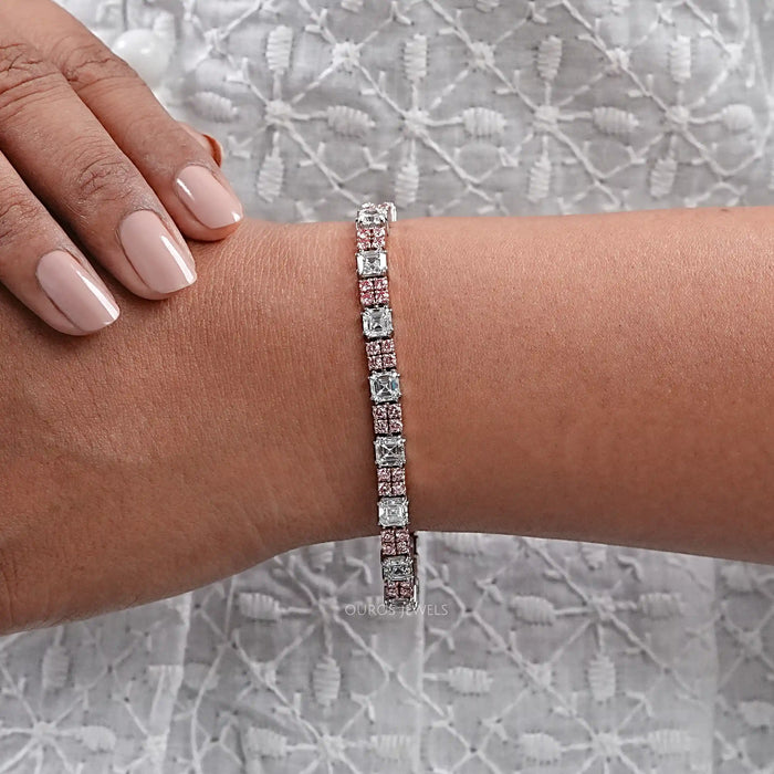 Asscher Diamond And Pink Round Tennis Bracelet