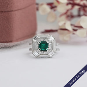 Asscher Shape Lab Gemstone Halo Anniversary Ring