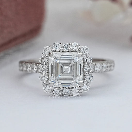 top view of asscher cut lab diamond halo engagement ring