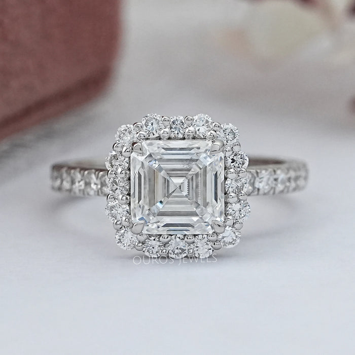 top view of asscher cut lab diamond halo engagement ring