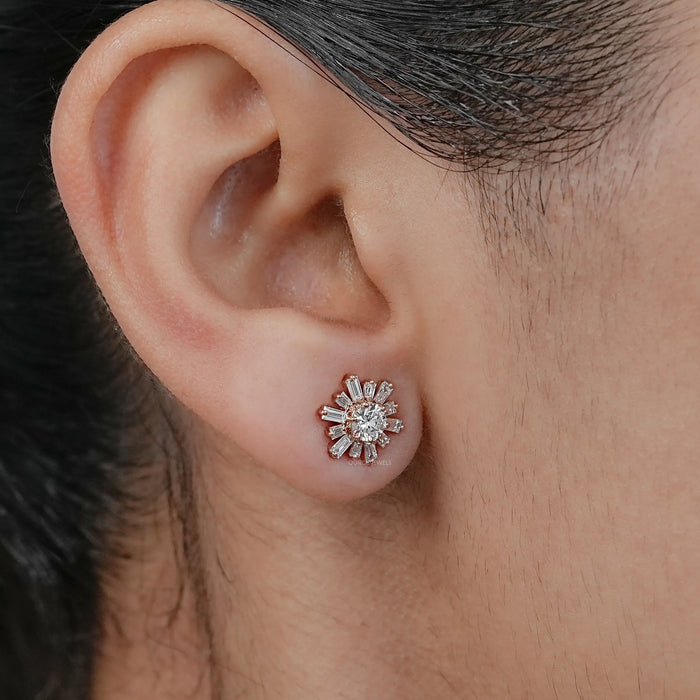 Round & Tapered Baguette Diamond  Stud Earrings