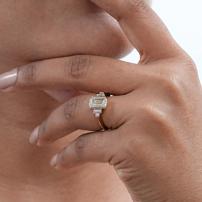 Emerald Half Bezel Set Baguette Diamond Engagement Ring