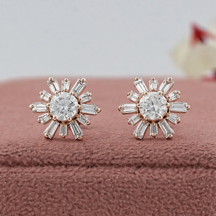 Round & Tapered Baguette Diamond  Stud Earrings