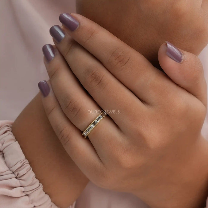 [A Women wearing Baguette Diamond Eternity Band]-[Ouros Jewels]