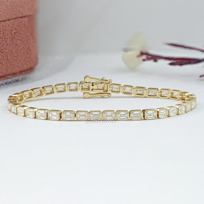 East West Emerald Cut Lab Grown Diamond Tennis Bracelet Bezel Set Bracelet