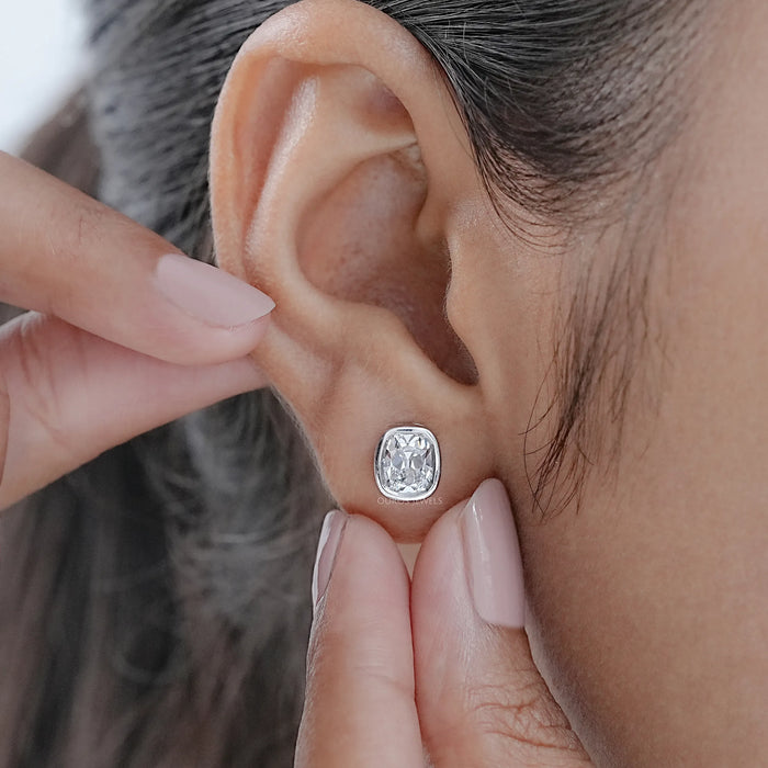 Old Mine Cushion Diamond Bezel Set Stud Earrings