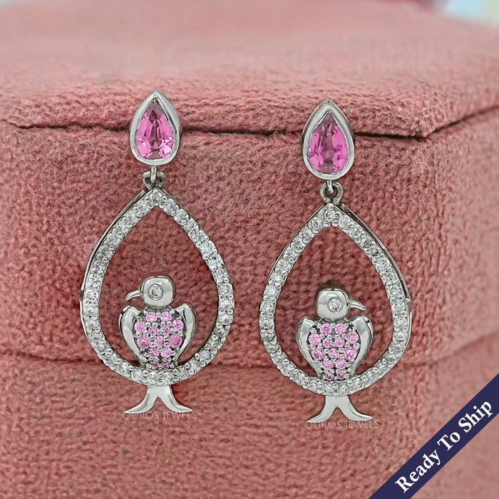 Bezel Set Pink Pear Cut Gemstone Dangle Bird Earrings