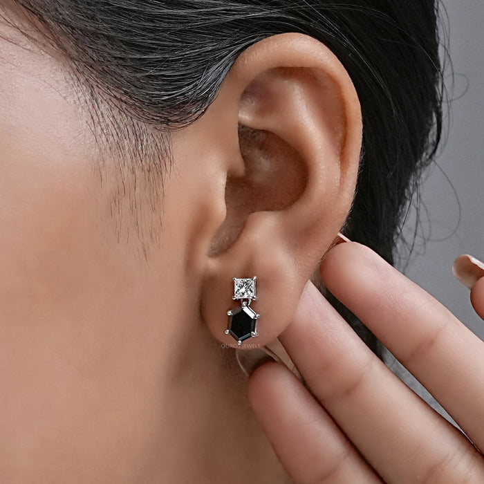 Hexagon Black Diamond Dangle Earrings