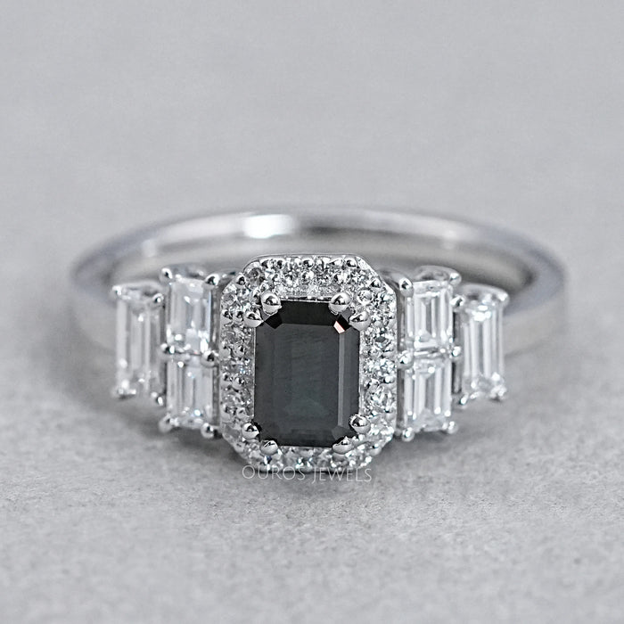 Black Emerald Cut Accent Diamond Engagement Ring