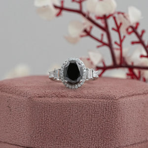 Black Oval Cut Halo With Accent Diamond Ring