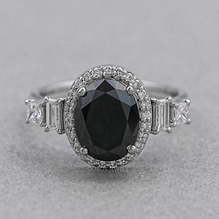 Black Oval Cut Halo With Accent Diamond Ring