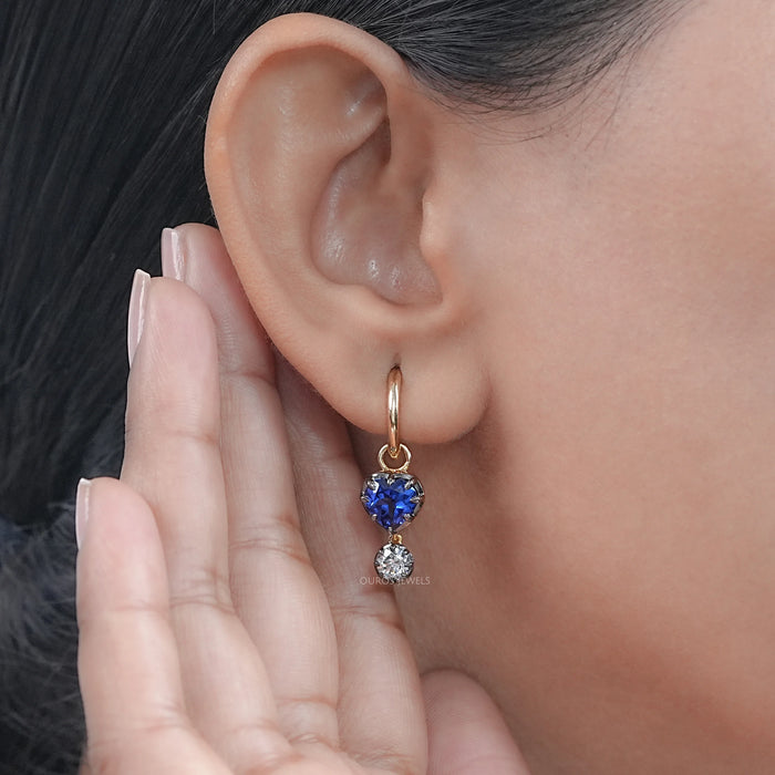 Sapphire Heart And Round Cut Black Coating Huggie Drop Earrings
