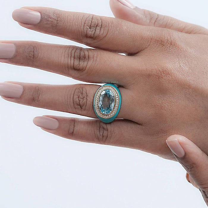 Blue Topaz East West Oval With Enamel Cocktail Ring