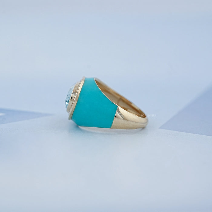Blue Topaz East West Oval With Enamel Cocktail Ring