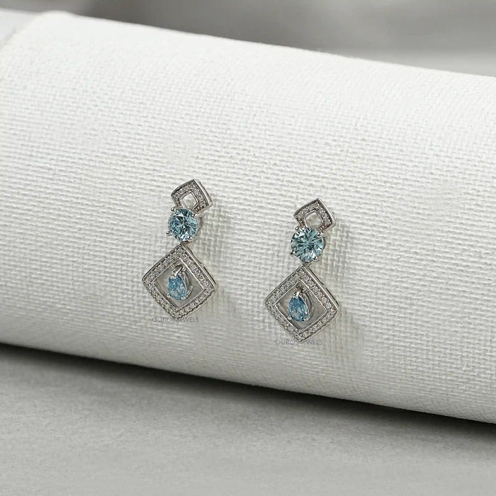 Blue Round With Pear Diamond Drop Earrings