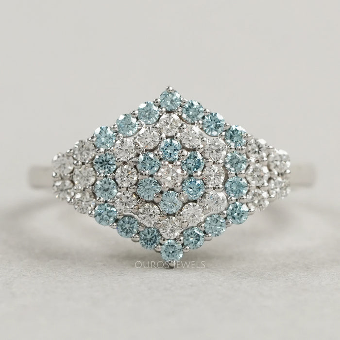 Fancy Blue Round Cut Cluster Lab Diamond Engagement Ring