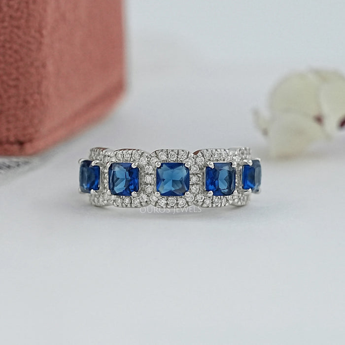 Five Stone Blue Asscher Cut Gemstone Halo Diamond Ring