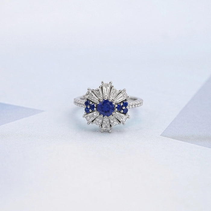 Tapered Baguette With Blue Round Gemstone Cluster Ring