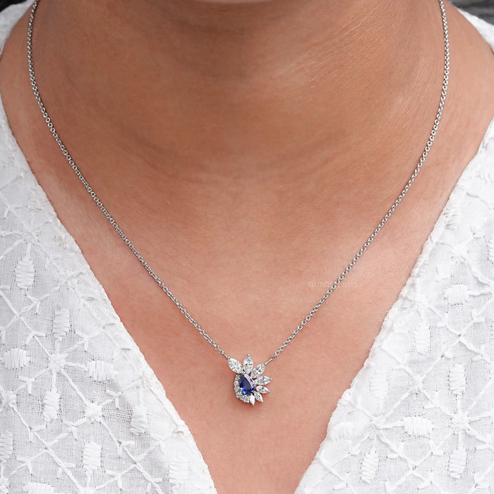 Blue Sapphire And Diamond Floral Cluster Pendant Necklace