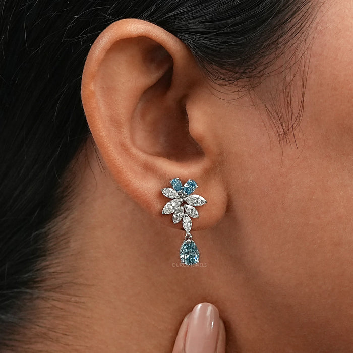 Blue Pear Diamond Cluster Drop Earrings