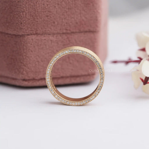 Mens Brushed Gold Ring standing upright, showcasing its sleek design.