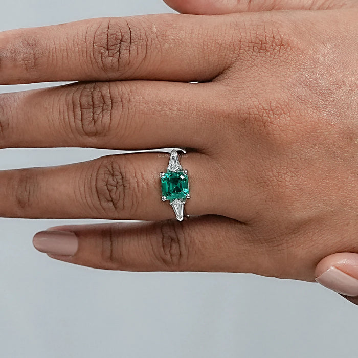 Asscher Cut Green Gemstone Three Stone Engagement Ring