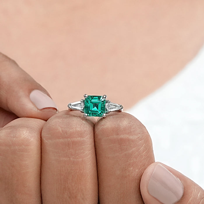 Asscher Cut Green Gemstone Three Stone Engagement Ring