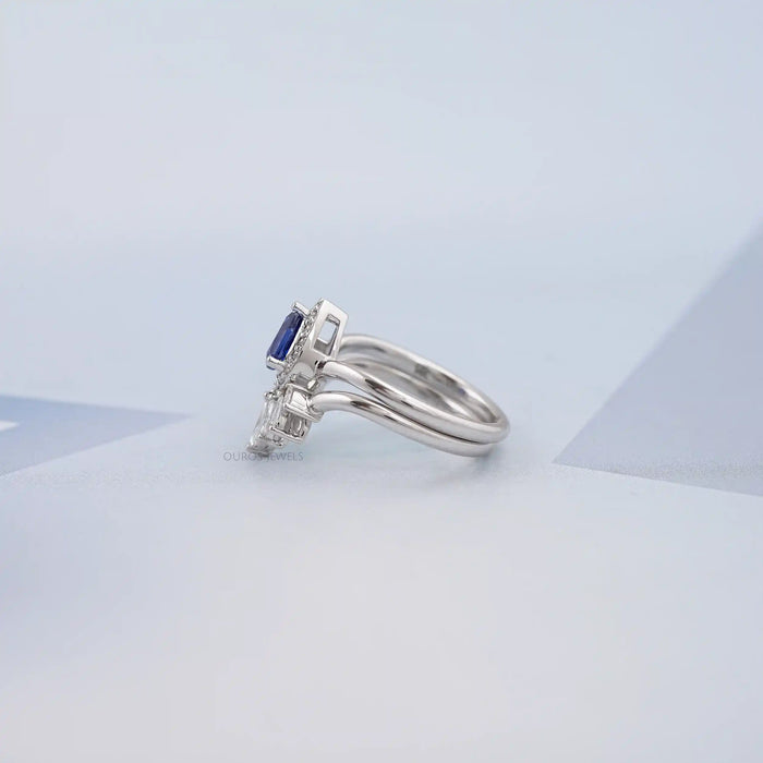 Sapphire Pear Carved Wedding Ring