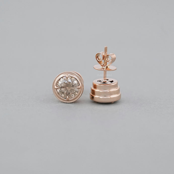 Champagne Round Diamond Bezel Set Stud Earring