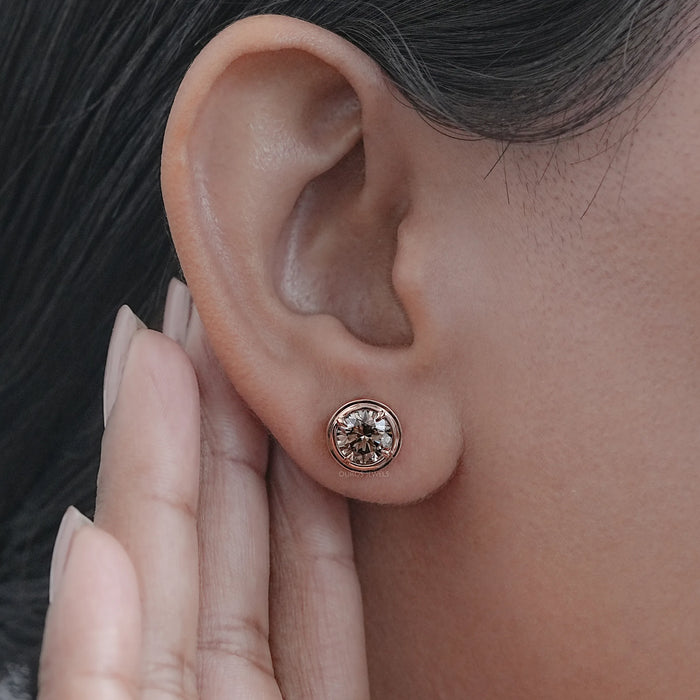 Champagne Round Diamond Bezel Set Stud Earring