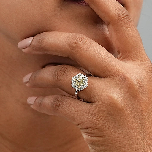 Yellow Pear Cut Floral Halo Diamond Ring