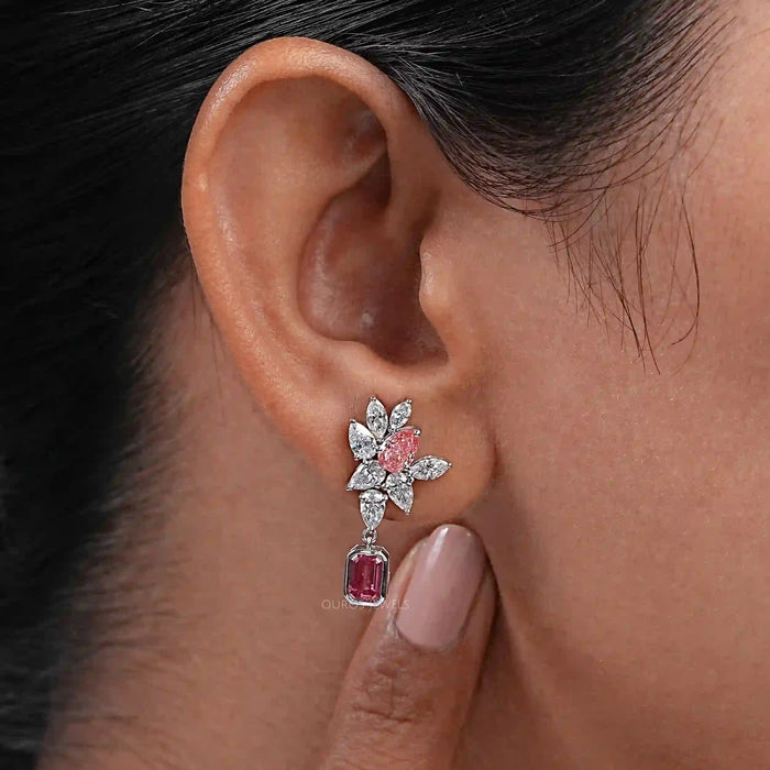 Cluster Drop Earrings With Pink & White Diamonds