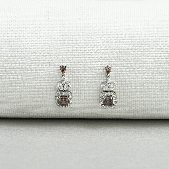 Chocolate Asscher Cut Halo Dangle Earrings