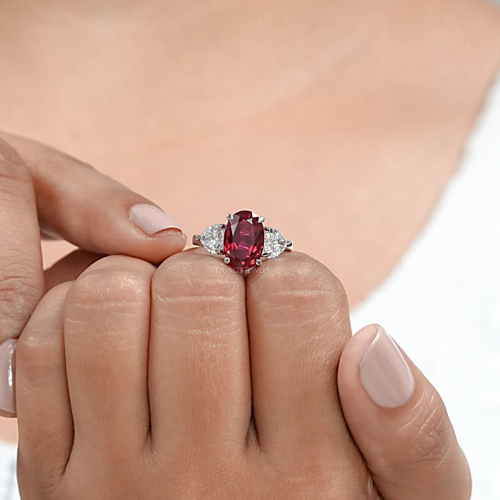 3 Stone Oval Ruby Lab Gemstone Ring
