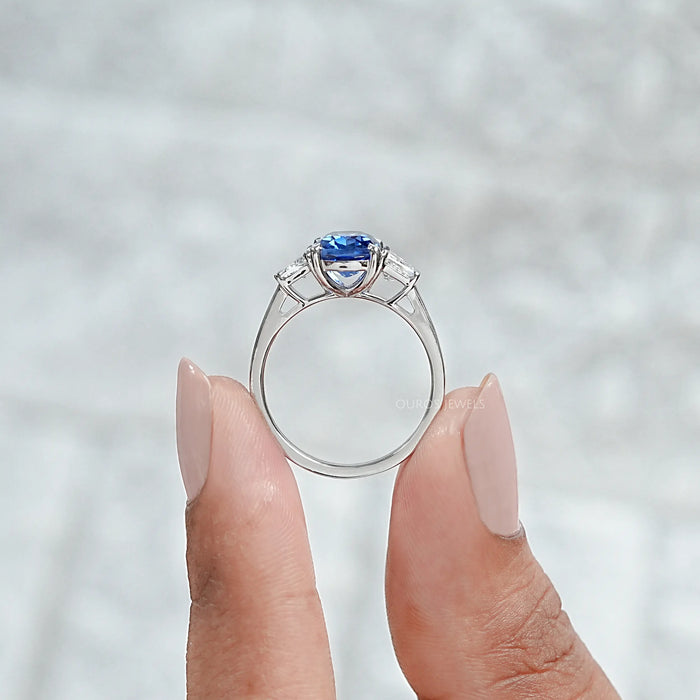 Cushion Sapphire Gemstone With Trapezoid Diamond  Ring