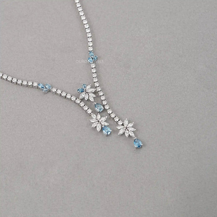 Lab Diamond And Blue Pear Diamond Cluster Necklace