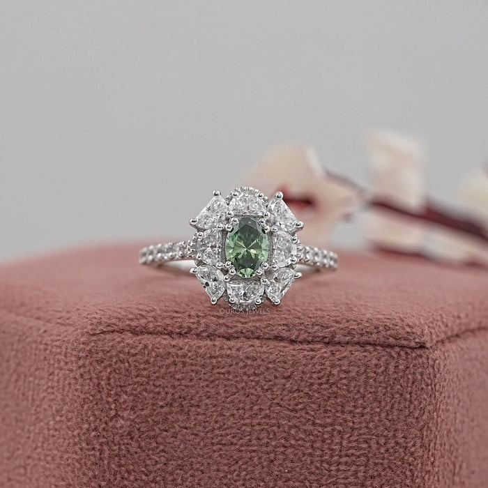 Green Oval Cut Half Moon Halo Engagement Ring