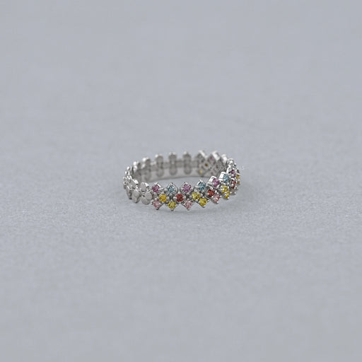 side view of fancy color round cut lab diamond colored half wedding band