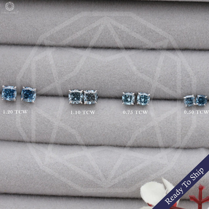 front view of blue cushion cut lab grown diamond stud earrings white gold